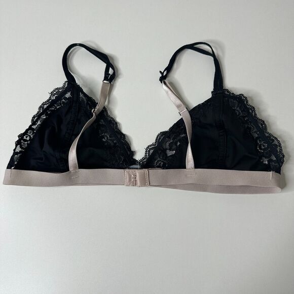 Black With Nude Edging Triangle Lace Bralette Adj Straps Hook & Eye Close Large - Picture 6 of 12